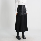 Personalized street style mid length leather skirt, spring and autumn new fashion high waisted patchwork mesh pleated half skirt for women