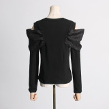 Spring new patchwork bow design with a sense of niche, black long sleeved T-shirt, women's careful machine off shoulder top