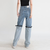 New fashionable contrasting color design with knee patchwork waistband design, straight leg high waisted jeans, long pants for women