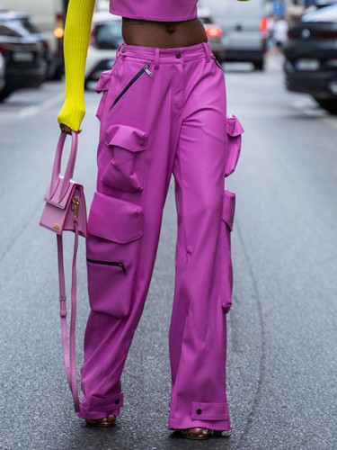 Spring New Street Trend Multi Pocket PU Design Sense High Waist Slim Straight Tube Pants Women's Loose Work Pants