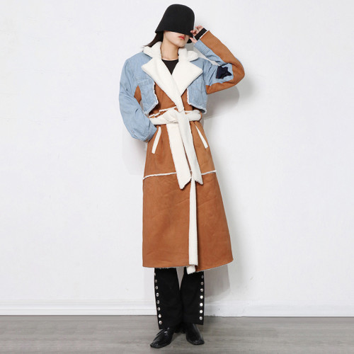 Winter new long denim patchwork lamb wool coat with women's lapel and waist closure for a slimming and stylish coat