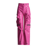 Spring New Street Trend Multi Pocket PU Design Sense High Waist Slim Straight Tube Pants Women's Loose Work Pants