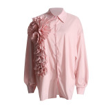 Spring new French fashion design sense splicing pleated three-dimensional flower versatile casual shirt long sleeved top