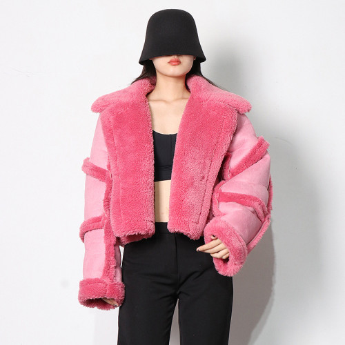 Leather and fur integrated thickened jacket for women's winter new lapel solid color patchwork lamb fur short jacket for women