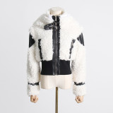 Winter new niche fashion design sense splicing PU leather short lambhair outer women's fashion jacket jacket jacket