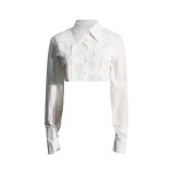 New Fashionable and Elegant Solid Color Stand up Neck, Irregular Splicing Design, Short Naked Shirt for Women