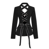 European and American fashion slim fit strapping small suit, spring new fashion V-neck long sleeved diamond inlaid hollow cross coat