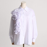 Spring new French fashion design sense splicing pleated three-dimensional flower versatile casual shirt long sleeved top