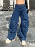 Personalized patchwork denim pants, spring new fashionable high waisted large pocket loose casual wide leg pants for women's clothing