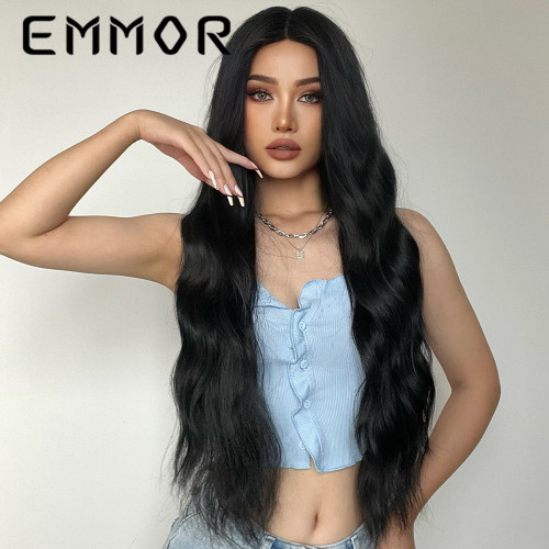 EMMOR European and American new wigs in stock, medium split long curly hair, black matte high-temperature silk wig full head set manufacturer