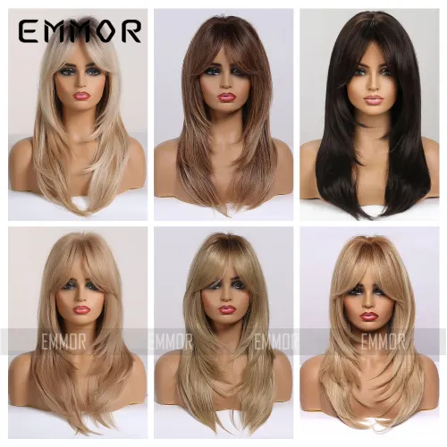 Multiple colors to choose from, full set gradient gold black brown hot selling medium length straight hair curly wig