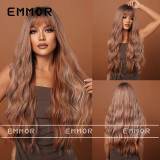 European and American wig women's long hair gradient brown, straight bangs, wavy curly hair, fluffy, natural and realistic wig cover wig