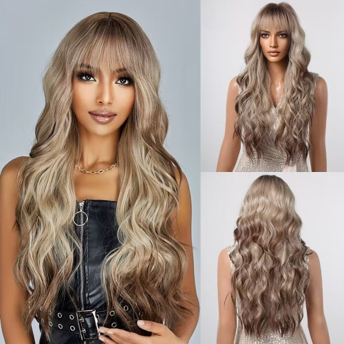 New Paris painted dyed internet celebrity fashion wig air bangs long curly hair large wave gradient platinum wig set