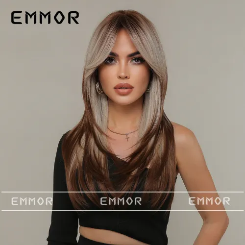 European and American New Natural Wig Women's Center Split Octagonal bangs Gradient Dyed Brown Long Straight Hair Full Head Wig
