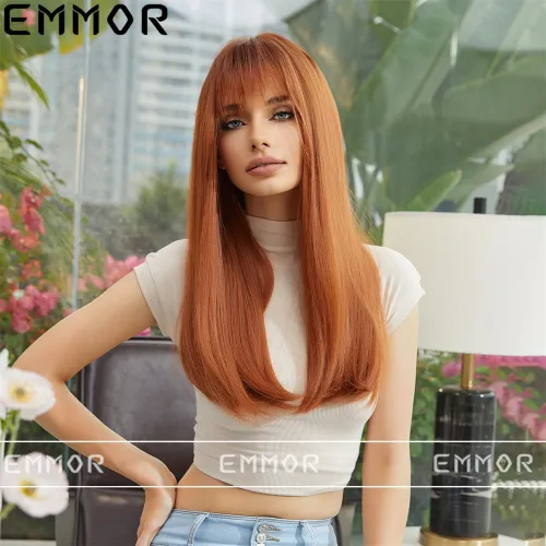 Emmor wig, women's long straight hair, summer outing photos show white hair color, air bangs, lightweight and realistic wig cover