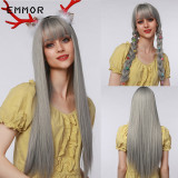 Wholesale of cross-border new Qi Liu Hai gradient gray long straight hair, chemical fiber high-temperature silk, European and American wig headbands