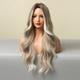 Cross border spot European and American fashion split large wave light and thin natural mixed color light gray full head wig women's wigs
