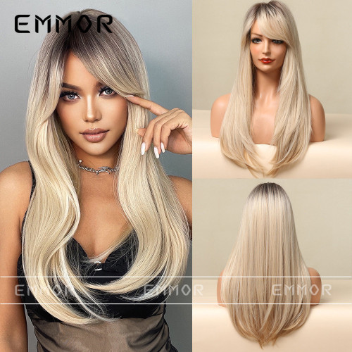 New internet celebrity style black gradient gold eight line bangs, curly high-temperature silk European and American wig women's headwear