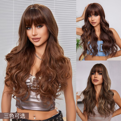 Cross border wig for women with long and curly hair, natural and straight bangs, realistic scalp fashion, full set synthetic wig for women