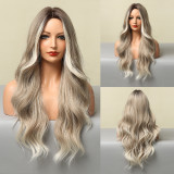 Cross border spot European and American fashion split large wave light and thin natural mixed color light gray full head wig women's wigs