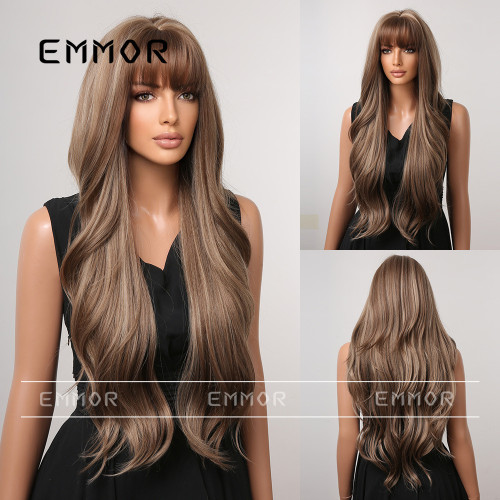 Hot selling wigs in European and American foreign trade, with straight bangs, large waves, long curly hair, gradient brown high-temperature silk, and synthetic fiber wig headbands