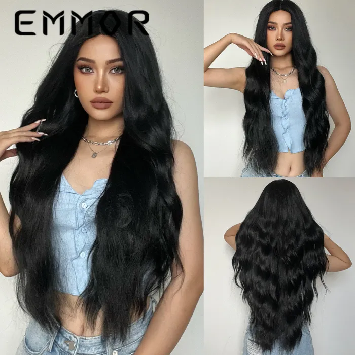 EMMOR European and American new wigs in stock, medium split long curly hair, black matte high-temperature silk wig full head set manufacturer