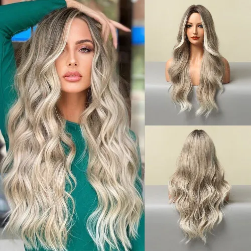 Cross border spot European and American fashion split large wave light and thin natural mixed color light gray full head wig women's wigs