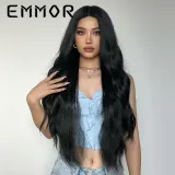EMMOR European and American new wigs in stock, medium split long curly hair, black matte high-temperature silk wig full head set manufacturer