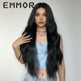 EMMOR European and American new wigs in stock, medium split long curly hair, black matte high-temperature silk wig full head set manufacturer