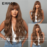 European and American wig women's long hair gradient brown, straight bangs, wavy curly hair, fluffy, natural and realistic wig cover wig