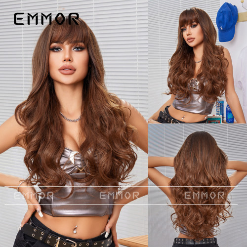 Cross border wig for women with long and curly hair, natural and straight bangs, realistic scalp fashion, full set synthetic wig for women
