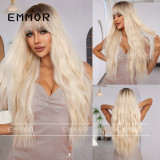 Fashionable wig, synthetic fiber full head set, air bangs, fluffy, gradient golden large wave long curly hair, whole wig