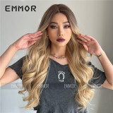 Hot selling foreign trade in Europe and America, with long wavy hair gradually changing into light golden brown. European and American wig women's wigs