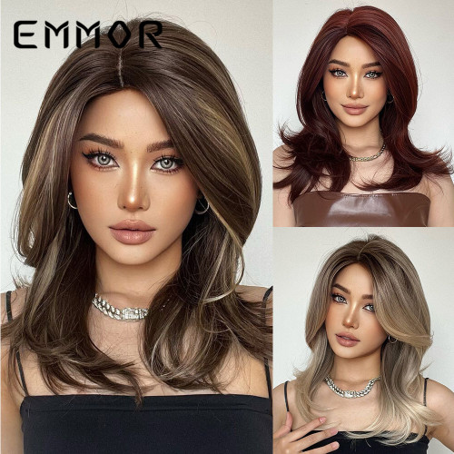 EMMOR Amazon's new gradient slightly off center French style bangs, micro curls, medium length synthetic wigs, full head
