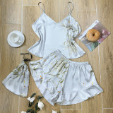 Danilin Spring/Summer Imitation Silk Pajamas Two Piece Set Fashion Printed Shorts Home Clothing Set Sexy Sling Dress
