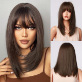 Cross border foreign trade European and American wigs with straight bangs, black brown, shoulder length, straight hair, tail curls, and high-temperature silk Wigs for facial shape modification