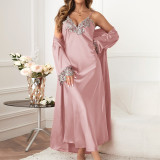 Women's Spring and Autumn Mid length Hanging Skirt Coat Two Piece Casual Home Fury Women's Imitation Silk Lacing Sexy Set