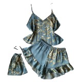 Danilin Spring/Summer Imitation Silk Pajamas Two Piece Set Fashion Printed Shorts Home Clothing Set Sexy Sling Dress