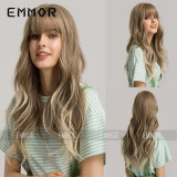 Cross border hot selling wig in Europe and America, black brown straight bangs, long curly hair, natural full head set, synthetic fiber wig, women's full head
