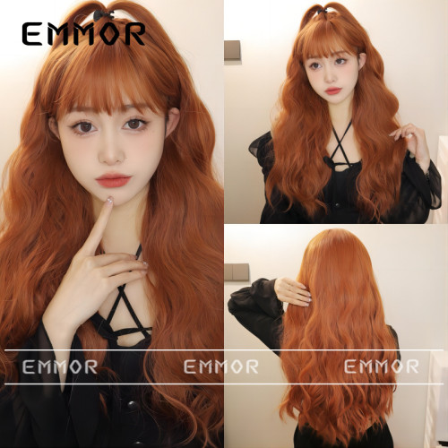 Wig Women's Long Hair Qi Liu Hai Hai Ripple Orange Internet Red Daily Lolita Korean Sweet Natural Wig Headband