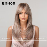 Emmor European and American women's wig with eight line bangs, gradient gold, medium length hair, curly tail wig, multiple colors to choose from