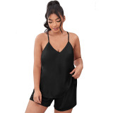 Manufacturer's Fat Plus Size Open Back Suspended Pajamas Women's Fashion Sexy Pajamas Two Piece Set with Imitation Silk Home Set