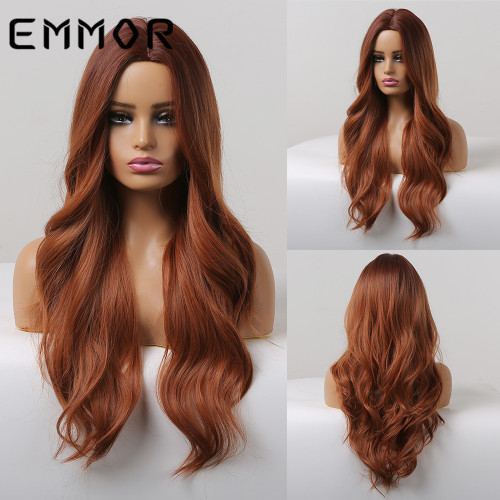 EMMOR Amazon Foreign Trade New Mid Split Long Roll Hair Dirty Orange Red High Temperature Silk Wig Full Head Set Manufacturer