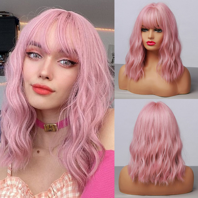 Amazon COS Europe and America Hot Selling Qi Liu Hai Cute Sakura Pink Short Curly Hair Bob Head Natural Women's Chemical Fiber Wig