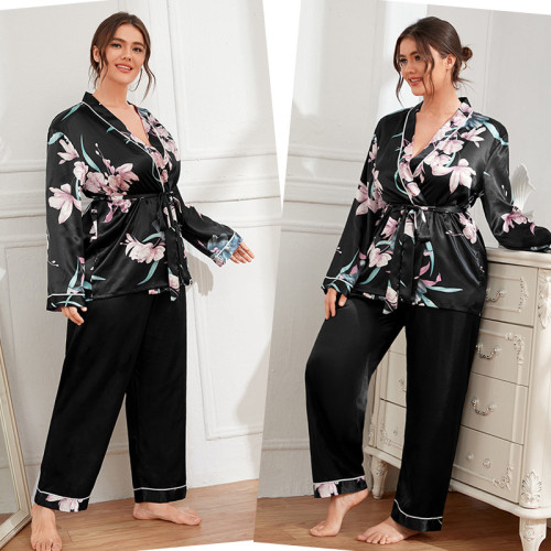 European and American cross-border oversized pajamas, women's cardigans, tie up pajamas, pajamas, casual loose fitting home, women's sets can be worn externally