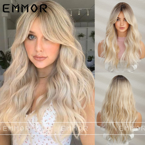 Cross border New Wig Long Hair Mid Split Picked Dyed Black Gradual Gold Temperament Small Curly Hair Internet Famous European and American Style Wig Set