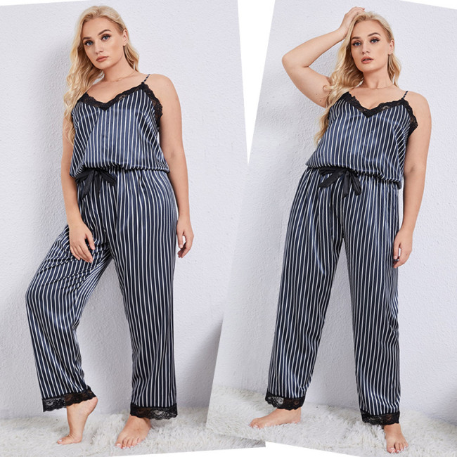 Enlarged and fatted spring and summer camisole pajamas, women's loose camisole pants, two-piece set of imitation silk casual home clothing