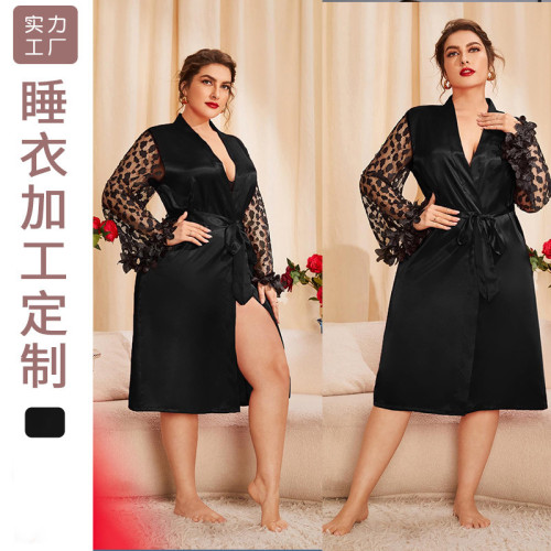 Danilin imitation silk pajamas for women's summer sexy lace kimono pajamas plus size loose fitting fashionable casual pajamas