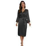 Autumn and Winter New Pajamas Women's Bathroom Cardigan Lace up Bathrobe Summer Thin, Simple and Fashionable Long Ice Silk Pajamas