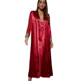 Women's Spring and Autumn Mid length Hanging Skirt Coat Two Piece Casual Home Fury Women's Imitation Silk Lacing Sexy Set